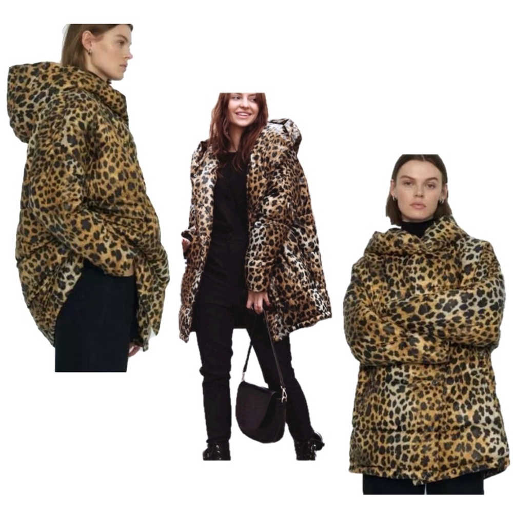 Zara leopard cheetah animal print hooded oversized puffer jacket coat Sz L